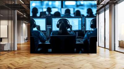 Call center employees working at computer stations symbolizing customer service digital communication and tech driven business operations in a professional environment Wall mural