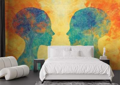 Cerebral processing Synaptic network Conceptual surreal art of two minds merging illustrating unity passion and the emotional bond between individuals through abstract and fiery elements Wall mural