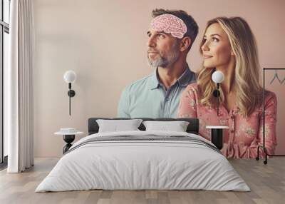 Close up of a man and woman with headbands symbolizing cognitive training mental focus and brain stimulation through wearable technology and neuroscience Wall mural