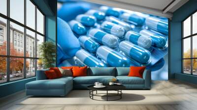 Close up of blue pharmaceutical capsules symbolizing modern medicine digital health and the intersection of technology and healthcare in a high tech clinical setting Wall mural