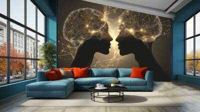 Cognition Affection Futuristic digital art of two human profiles with interconnected glowing neurons symbolizing the complex relationships between thought cognition and neural communication Wall mural