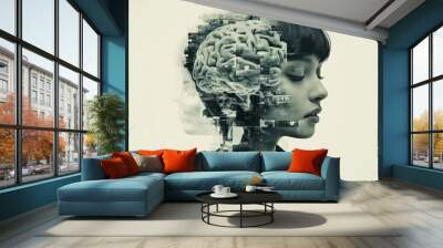 Cognitive drill Meomory Abstract human head with fragmented brain representing the complexity and disintegration of thought in a modern context Wall mural