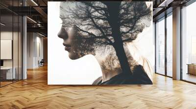 Cognitive machinery Intellectual horsepower Silhouette of a woman with tree branches growing from her head symbolizing the connection between nature thought and memory Wall mural