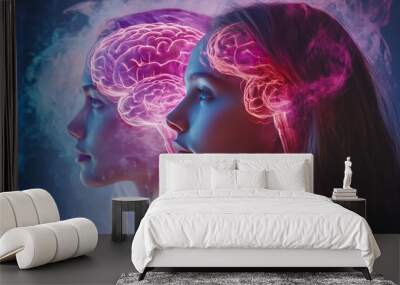 Collective cognition Neuroethics Dual profile of a woman with glowing brain illustrations symbolizing the fusion of imagination and knowledge in human creativity Wall mural