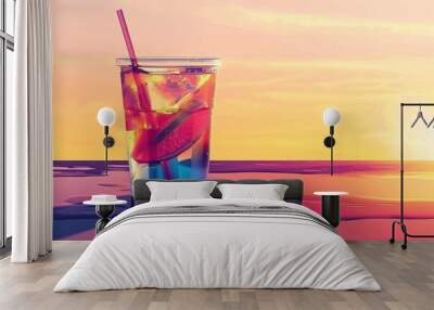 Colorful drink with ice and straw set against a serene sunset background capturing the peaceful essence of a summer evening Wall mural