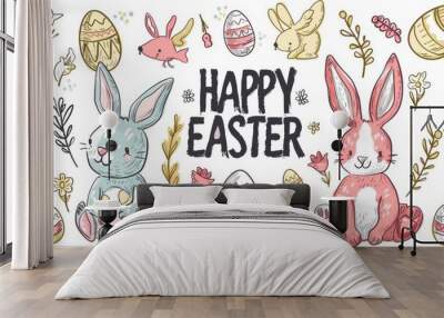 Colorful Easter Egg Basket Patterned. Happy easter Egg tapping bunny. 3d sunrise service hare rabbit illustration. Cute Handcrafted bouquet festive card Polygonal Modeling copy space wallpaper Wall mural