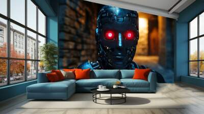 Cyborg with glowing red eyes in a dark industrial setting symbolizing the fusion of AI and human elements in a futuristic environment Wall mural