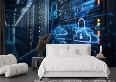 Data center with secure cloud locks, representing advanced digital protection and network security in a high-tech environment. Wall mural