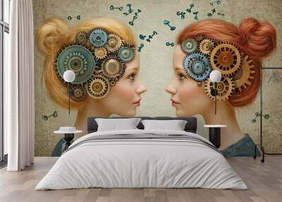 Digital art of two women with mechanical gears and elements integrated into their hair representing the blend of beauty and technology in a steampunk inspired setting Wall mural