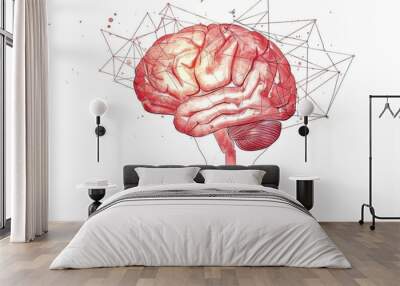 Digital brain illustration with geometric elements symbolizing advanced technology and intelligence. Wall mural