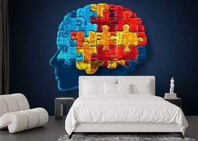 Digital illustration of a brain made of colorful puzzle pieces symbolizing the diversity of thought intelligence and the multifaceted nature of human cognition in a bright modern design Wall mural