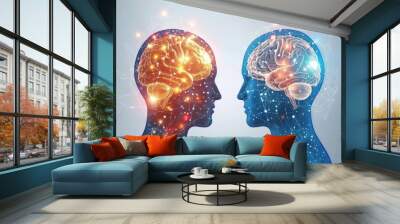 Digital rendering of two heads with glowing brains symbolizing cognitive processes and communication in a vibrant and futuristic style Wall mural