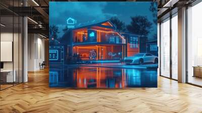 Digital technology smart home system concept with icons of security, analysis, and cars on the background of a house exterior at night. Wall mural