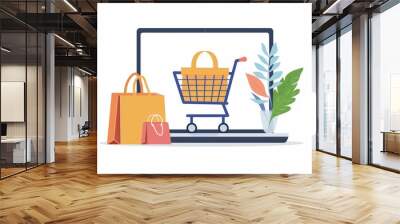 Ecommerce security vector with laptop, shopping cart, and nature elements in orange, white, and green, highlighting online shopping protection and modern technology Wall mural