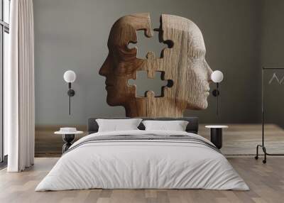 Empathic connection Cognitive neuroscience Wooden sculpture of dual heads with a puzzle piece missing symbolizing the search for connection and understanding in relationships Wall mural