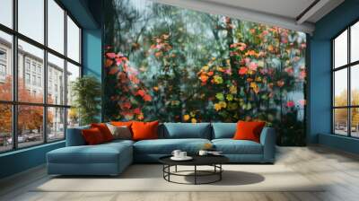 Enchanting garden with orange and green hues and soft lighting creating a magical and serene outdoor scene Wall mural