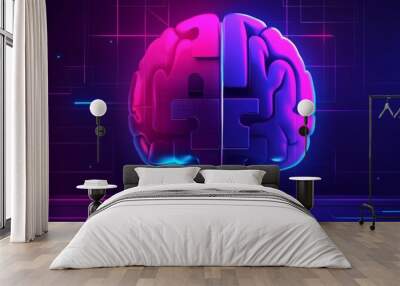 Futuristic 3D rendering of a neon brain in pink and blue symbolizing the vibrant contrast creativity and modern thought processes in a technology driven world Wall mural