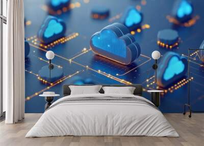 Futuristic cloud icons on a circuit board representing the integration of cloud computing and advanced digital technology Wall mural