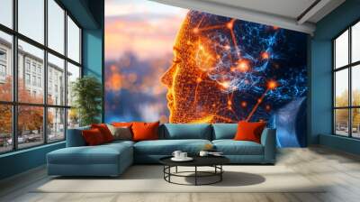 Futuristic digital human head with glowing brain symbolizing the complexity of thought cognitive processes and the convergence of biology and technology in modern society Wall mural