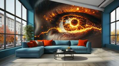 Futuristic eye with glowing orange veins radiating from the iris symbolizing neural connections energy surges and enhanced bio cybernetic vision in a high tech world Wall mural