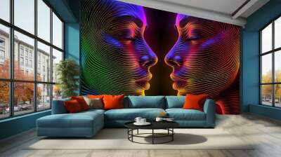 Futuristic illustration of two faces with neon lines symbolizing technology innovation and connection set against a dark background with vibrant glowing colors Wall mural