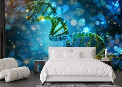 Glowing DNA strands wrapped in a matrix of light, illustrating the networked nature of genetic information in modern science Wall mural