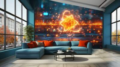 Glowing orange atom with a futuristic design, modern digital illustration Wall mural