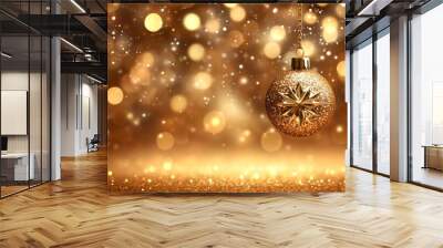 Golden Christmas ornament hanging against a sparkling bokeh background symbolizing festive winter decor elegant holiday charm and seasonal celebration Wall mural