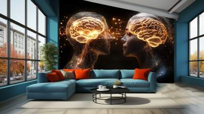 Golden Digital Art of Two Brain Silhouettes Connected by Glowing Neural Synapses Representing Intellectual Connectivity in a Futuristic Realm Wall mural