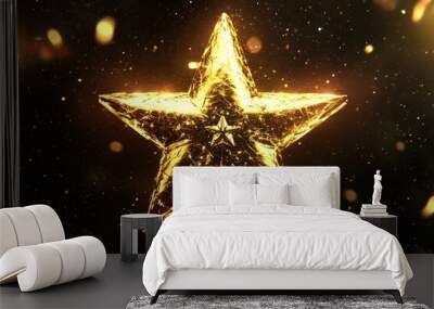 Golden glowing star ornament suspended against a sparkling background symbolizing holiday decorations and festive celebrations Wall mural