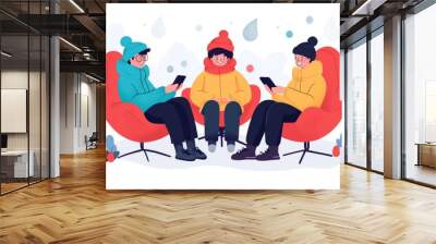 Group of friends sitting around a bonfire wearing winter coats and sipping hot drinks in the snow evoking warmth friendship and the joy of winter gatherings Wall mural