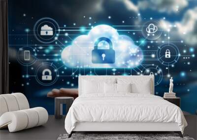 Hand presenting a glowing digital cloud with locks, symbolizing secure cloud technology and data protection in a serene blue and white digital environment. Wall mural