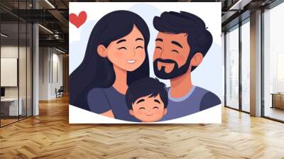 Happy family of three with hearts symbolizing love joy and family bond in a warm playful illustration with soft tones and simple design elements Wall mural