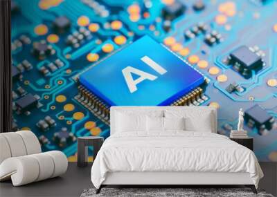 High tech AI microchip on a blue circuit board, representing advanced artificial intelligence technology, data processing, and smart computing in modern digital environments. Wall mural