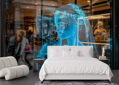 Holographic digital art of a bride in a futuristic setting representing innovation technology and modern love Wall mural