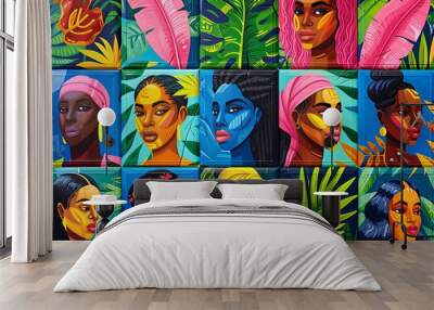 Illustrative art of diverse faces with botanical elements symbolizing beauty diversity and artistic expression Wall mural