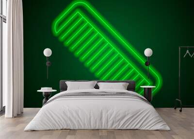 Hairbrush simple icon. Flat desing. Green neon on black background with green light.ai Wall mural