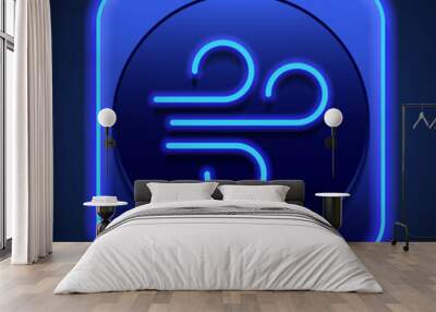 Wind simple icon. Flat design. Blue neon style on button. With shadow Wall mural