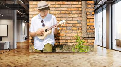 Asian man with hat playing guitar ukulele Wall mural