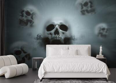 Human skull with dark smoke from his mouth behind of window glass Wall mural