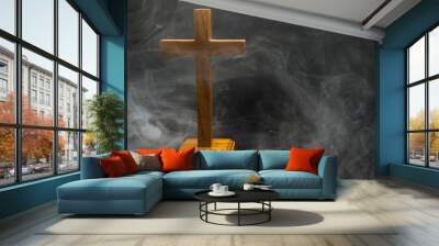 Religion christianity cross with smoke background. Symbol of faith and worship in God Wall mural