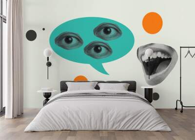 Three eyes on a speech bubble with a human mouth Wall mural