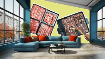 Two plates of meat with a person cooking them Wall mural