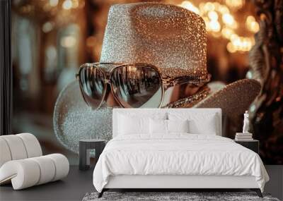 Luxurious hat adorned with glittering accessories displayed in an upscale boutique Wall mural