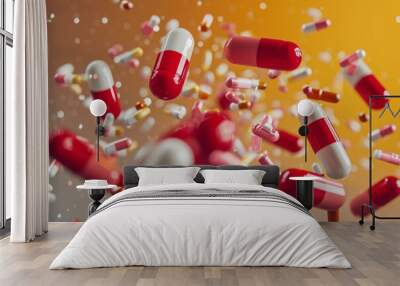 Medicine pharmaceuticals healthcare, healthy pills and capsules ailments. Health and cure illnesses. Risk of explosion, drugs carefully prescribed and isolated. White tablets pain relief painkillers. Wall mural