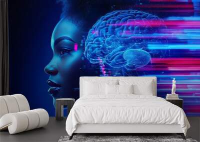 Methodical Neural synchronization Abstract image of a woman with a brain dissolving into digital lines symbolizing the integration of human thought with technology in a modern context Wall mural