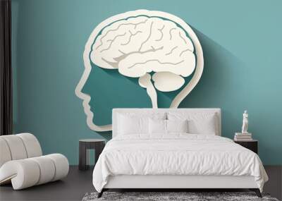 Minimalist brain and head outline on teal background, highlighting mental health and cognitive processes Wall mural