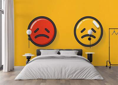 Minimalist image of two pills with sad and disappointed faces on a yellow background symbolizing the complex emotions that come with health challenges and the role of medication in treatment Wall mural