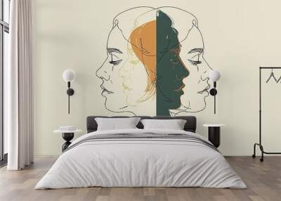 Minimalist line art of two faces with a split color background, representing duality, connection, and simplicity in a modern design Wall mural