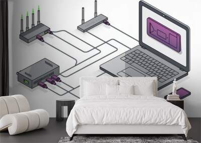 Modern network architecture design displayed on multiple screens, emphasizing the strategic planning of digital infrastructures Wall mural